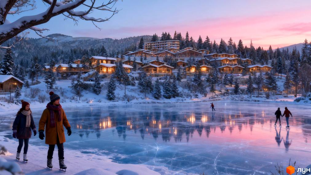 Котеджне містечко Chamonix Premier Resort з дерев'яними будинками на схилі гори, оточене зимовим лісом, з льодовою ковзанкою на передньому плані.