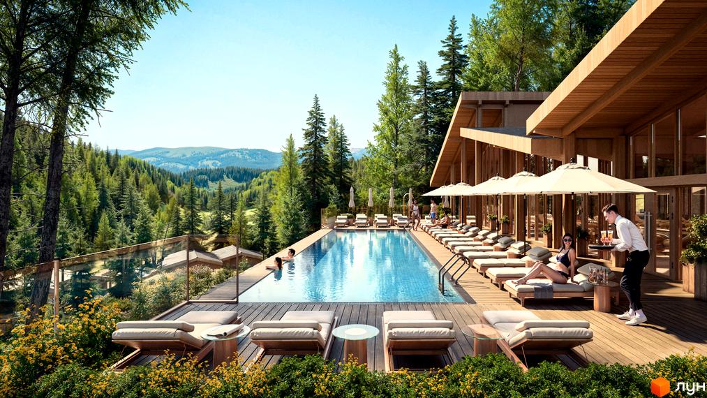 Котеджне містечко Chamonix Premier Resort з басейном та зоною відпочинку на тлі гірського пейзажу. На території розташовані шезлонги, парасольки та зелені насадження.