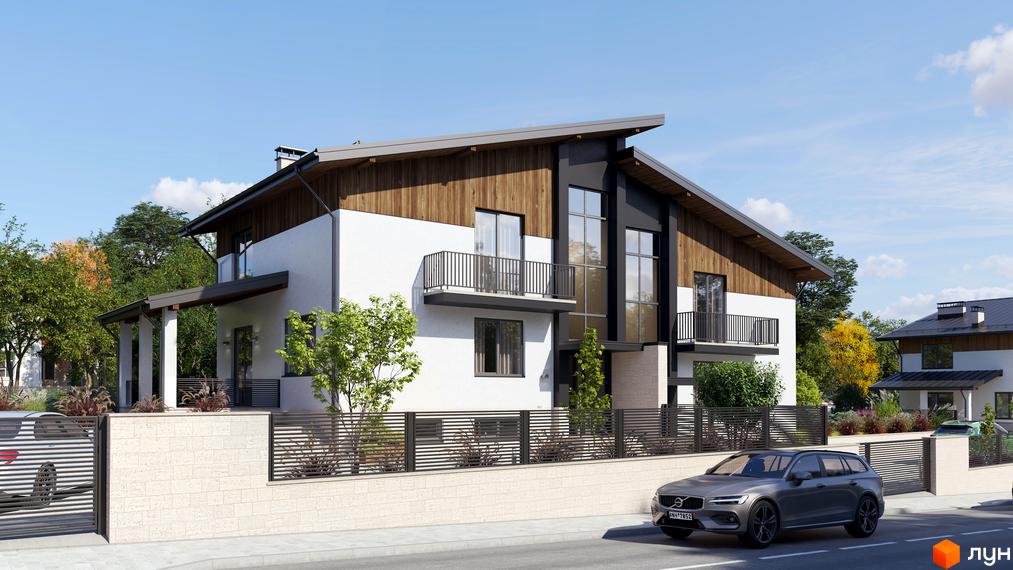Котеджне містечко КМ Маєток: двоповерховий будинок з дерев'яними елементами фасаду, балконами та парканом. Прибудинкова територія з деревами та автомобілем.