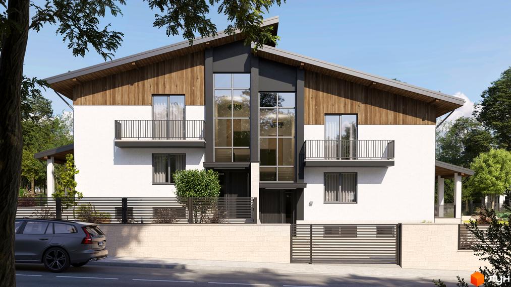 Котеджне містечко КМ Маєток: сучасний фасад будинку з дерев'яними елементами та великими вікнами, огороджена територія з парканом та брамою.