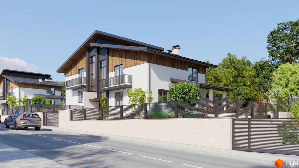 Котеджне містечко КМ Маєток: двоповерхові будинки з дерев'яними елементами фасаду, балконами та парканом. Навколо будівель зелені насадження та доглянута прибудинкова територія.