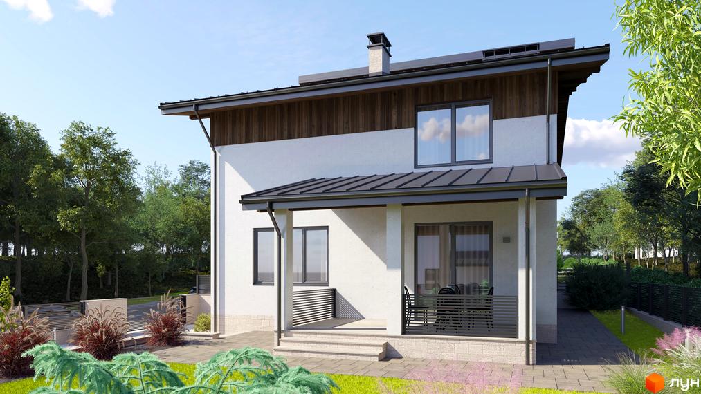 Котеджне містечко КМ Маєток: двоповерховий будинок з білою штукатуркою, дерев'яними вставками та металевим дахом, оточений зеленими деревами та доглянутою прибудинковою територією.