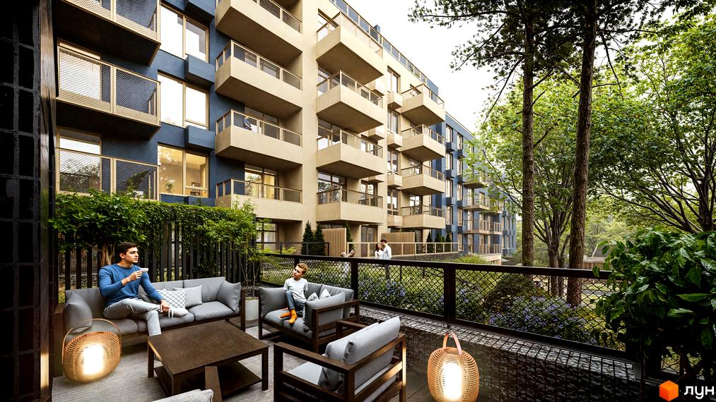 Житловий комплекс ПІД ЗОРЯМИ з балконами та зеленою зоною відпочинку. Сучасна архітектура та затишна тераса з меблями.