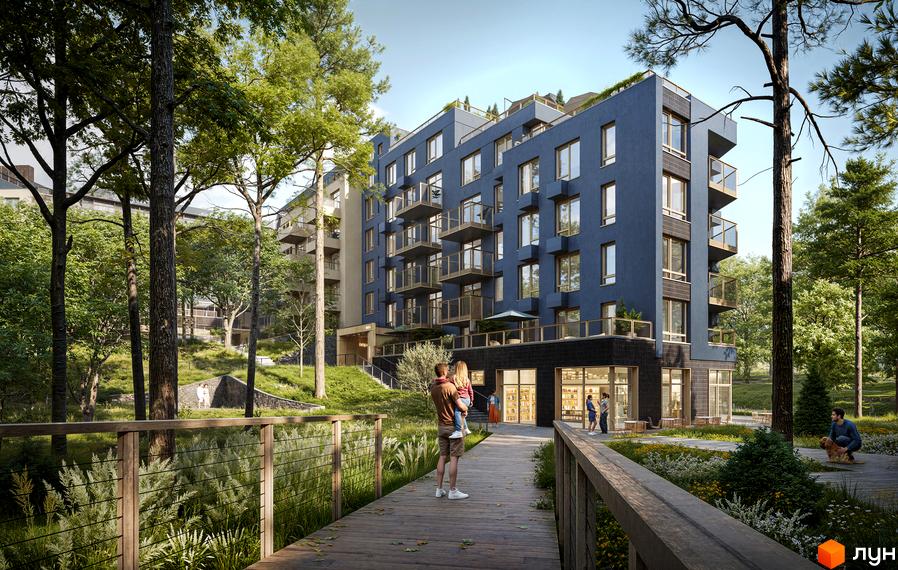 Будівельний проєкт ПІД ЗОРЯМИ: темно-синя багатоповерхівка з балконами серед дерев. Поруч дерев'яний настил та зелена зона.