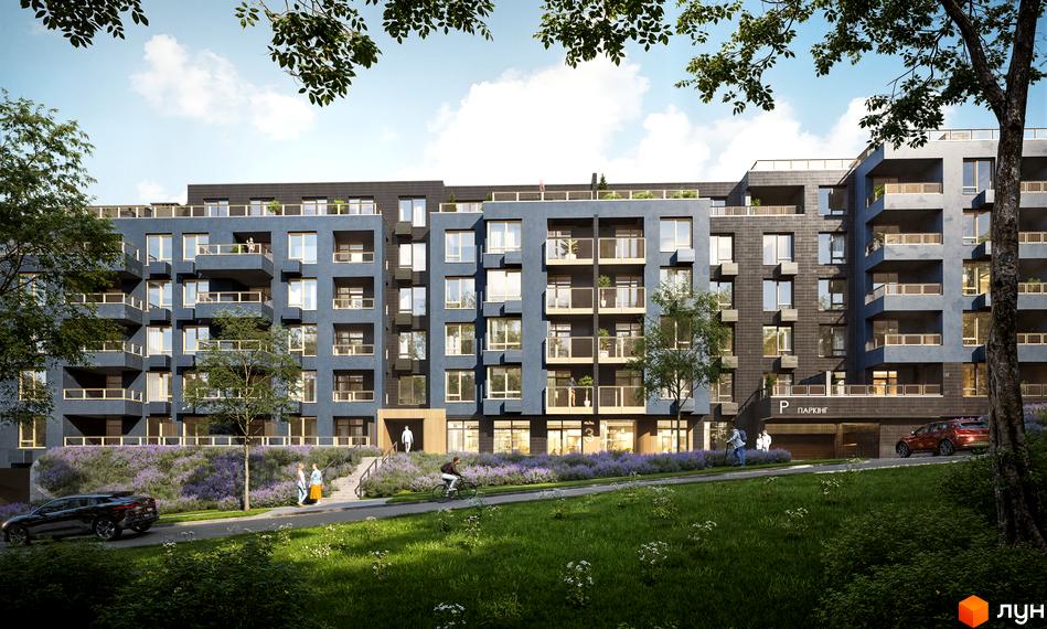 Зовнішній вигляд житлового комплексу ПІД ЗОРЯМИ з синіми фасадами, балконами та прибудинковою територією з лавандою та деревами. Новобудова ЖК ПІД ЗОРЯМИ.