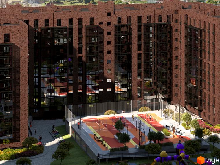 Житловий комплекс Стандарт: цегляні багатоповерхові будинки з панорамними вікнами та облаштований спортивний майданчик з дитячою зоною.