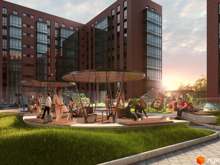 Житловий комплекс Стандарт: цегляні багатоповерхівки з панорамними вікнами та затишна прибудинкова територія з дитячим майданчиком та зонами відпочинку.