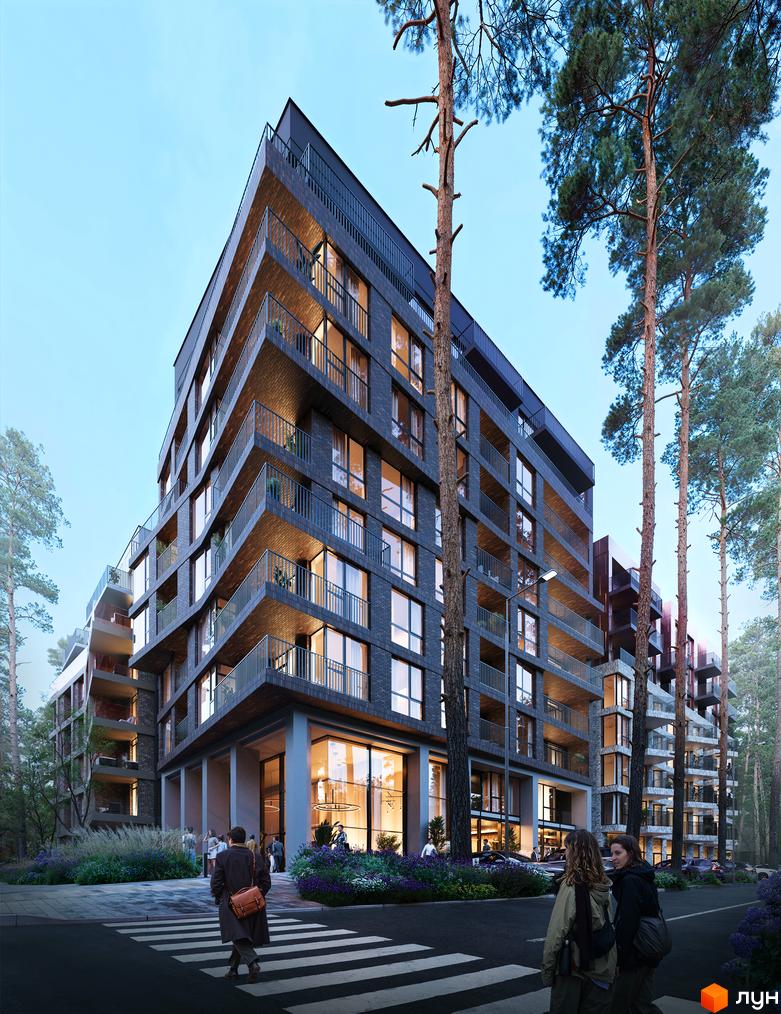 Житловий комплекс Astrid – це багатоповерхова новобудова з цегляним фасадом та балконами, розташована серед високих сосен. Перед будинком облаштована прибудинкова територія з квітами та пішохідним переходом.