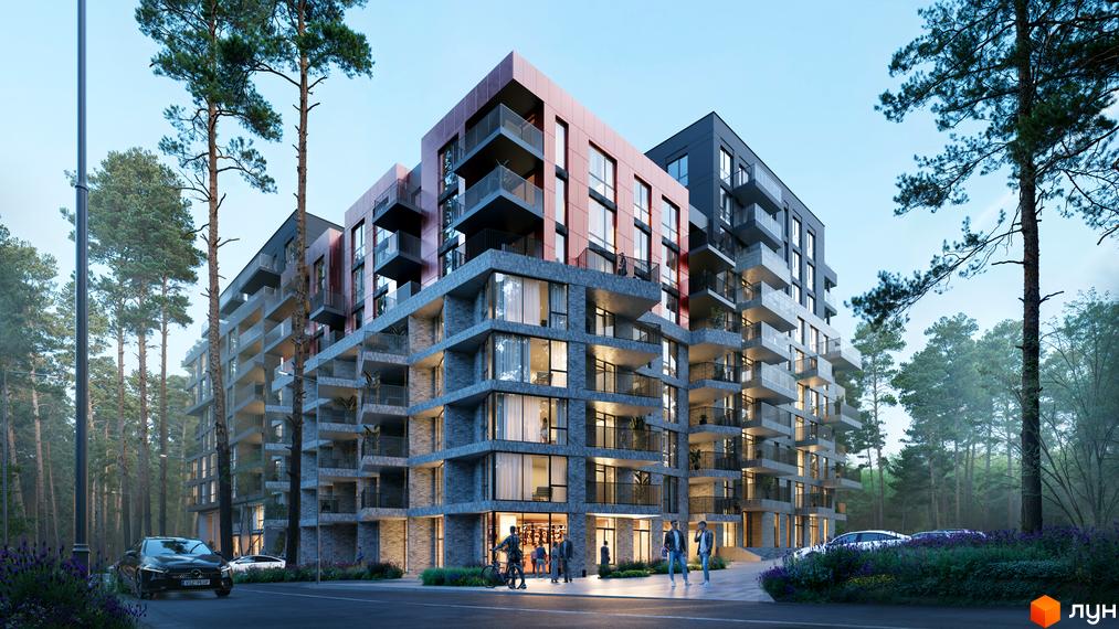 Житловий комплекс Astrid – це сучасна багатоповерхова новобудова з балконами та панорамними вікнами, розташована серед високих сосен.