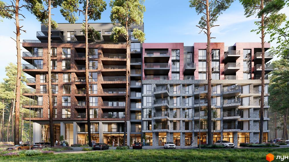 Житловий комплекс Astrid - це багатоповерхові будинки з цегляним та кам'яним оздобленням, балконами та великими вікнами, розташовані серед дерев. На прибудинковій території є зелень та припарковані автомобілі.