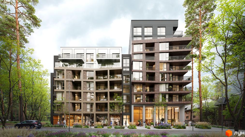 Житловий комплекс Astrid - це сучасна багатоповерхова новобудова з балконами та панорамними вікнами, розташована серед дерев та квітів.