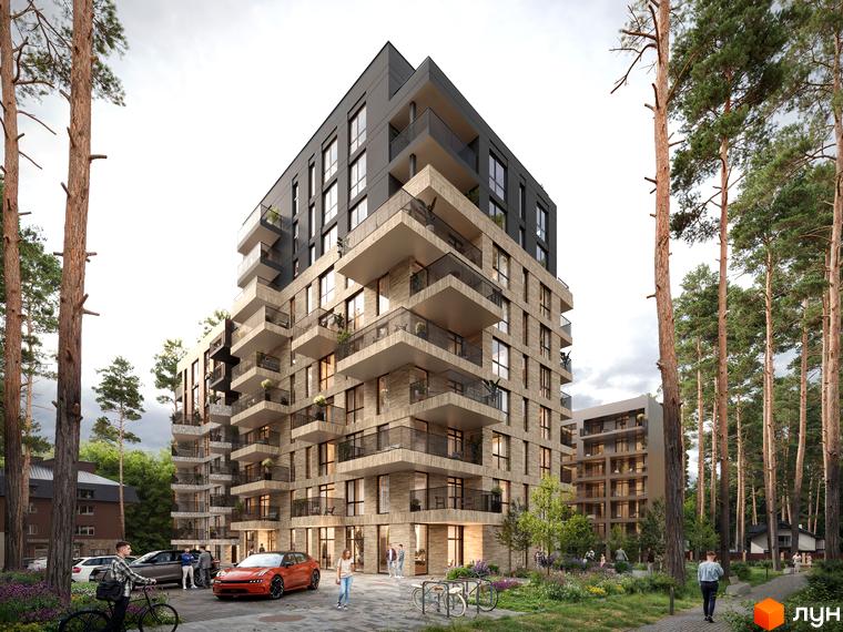 Житловий комплекс Astrid – багатоповерхова новобудова з балконами та паркінгом, оточена соснами та квітучим ландшафтом.