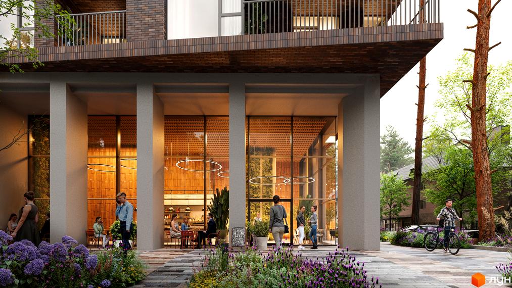 Житловий комплекс Astrid: фасади з цегляним оздобленням та великими вікнами, зелена прибудинкова територія з квітами та деревами.