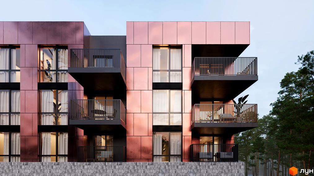 Житловий комплекс Astrid: фасади з рожевого металу та балкони з чорними перилами на тлі соснового лісу. Зовнішній вигляд новобудови.