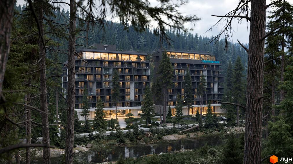 Апарт-готель MELIS - багатоповерховий комплекс з панорамними вікнами, розташований серед лісу біля водойми. На території є басейн на даху та зелені зони.