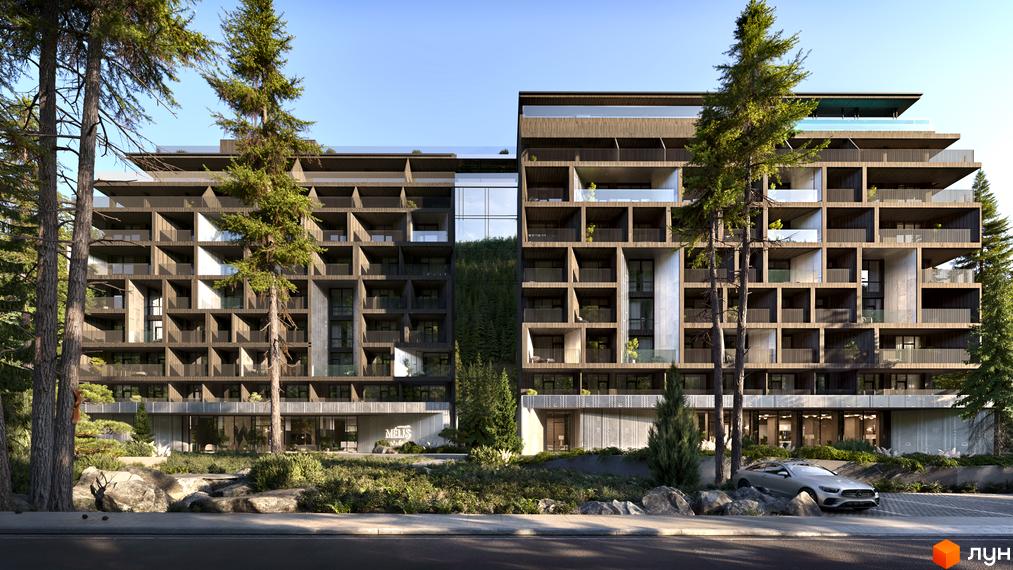 Апарт-готель MELIS - це багатоповерховий будинок з дерев'яними фасадами та балконами, розташований серед дерев. Територія навколо комплексу озеленена, з кам'яними елементами та дорогою.