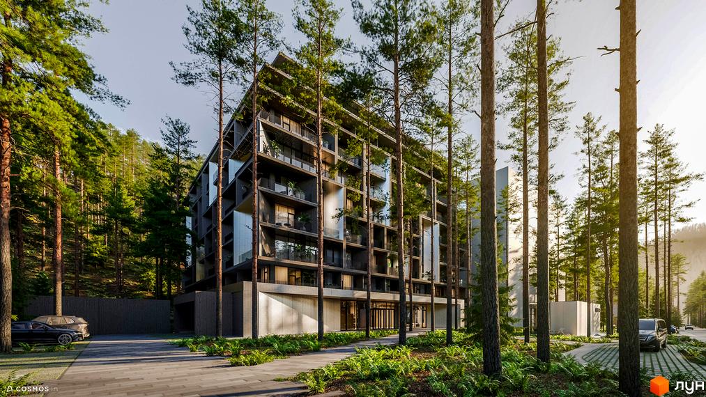 Апарт-готель MELIS - багатоповерхова новобудова з балконами, розташована серед високих сосен. Територія навколо будинку облаштована доріжками та зеленню.