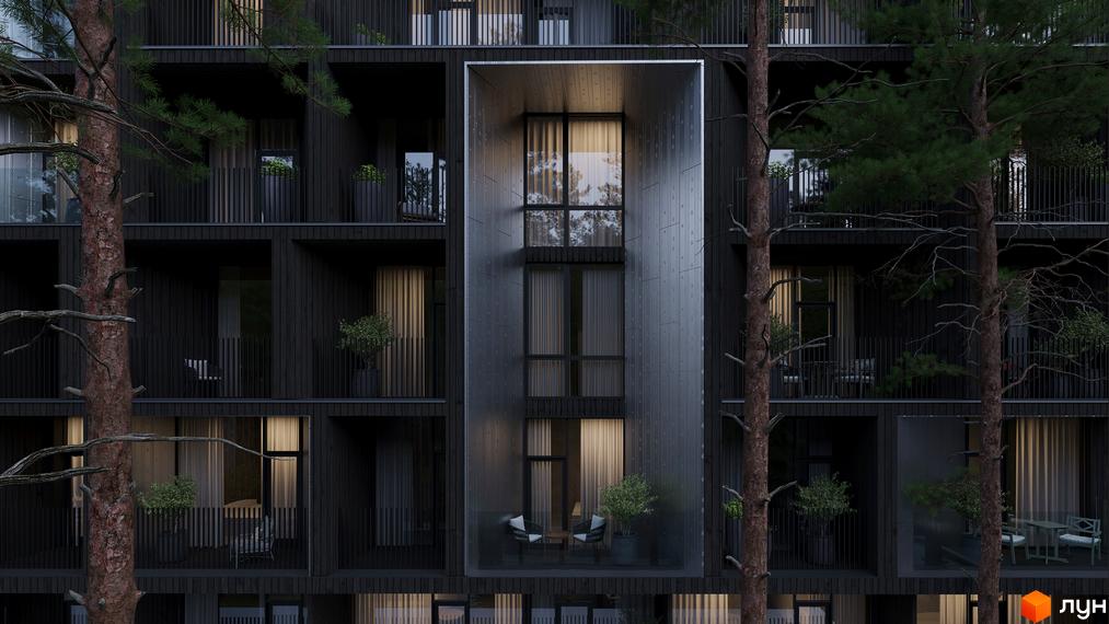 Апарт-готель MELIS – це новобудова з темним фасадом та балконами, оточена деревами. Зовнішній вигляд будинку з великими вікнами та дерев'яною обшивкою.