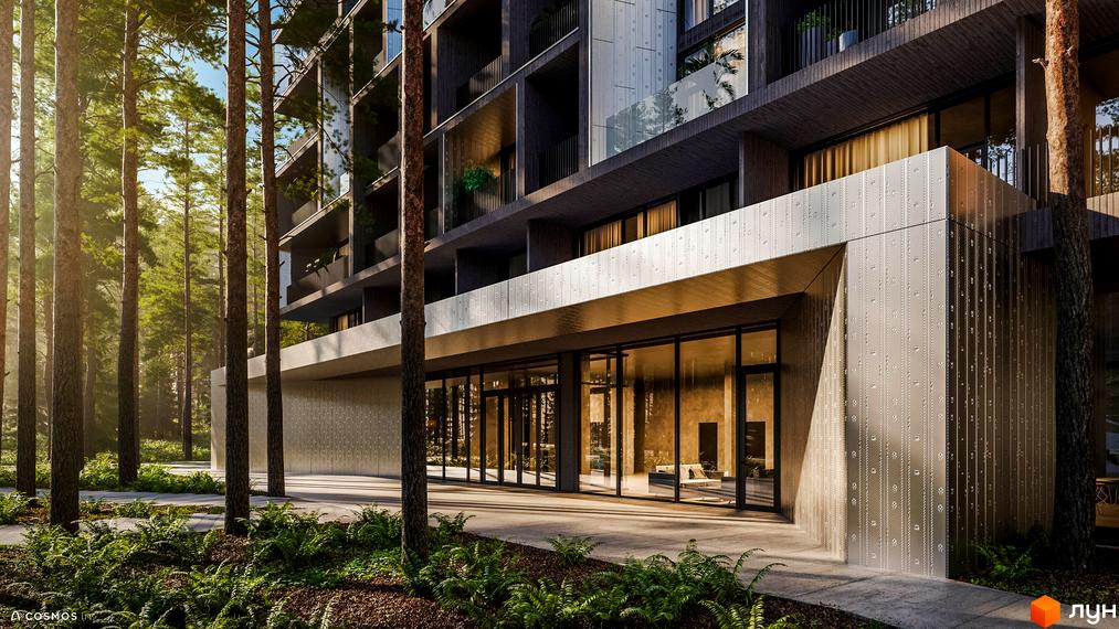 Апарт-готель MELIS з темним фасадом та скляними балконами, оточений соснами та зеленню. Біля входу розташована тераса та доріжки.