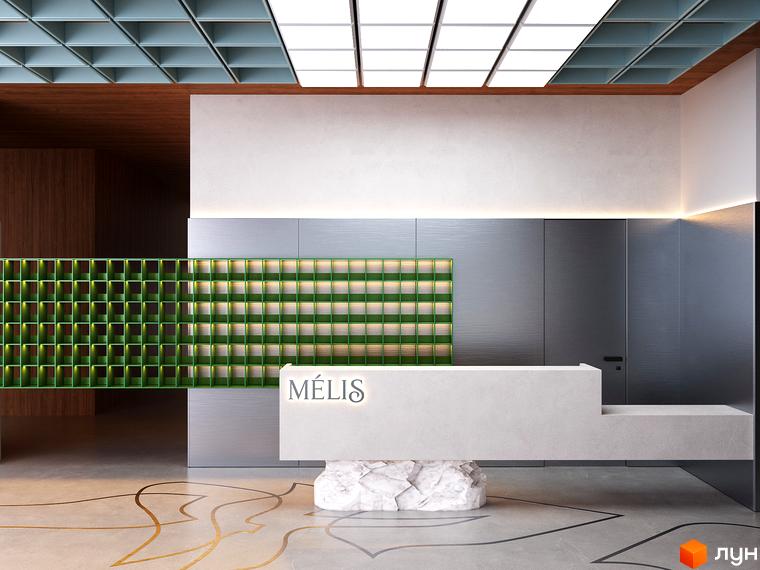 Апарт-готель MELIS: сучасний дизайн рецепції з зеленою стіною та білою стійкою. Підлога з геометричним візерунком.