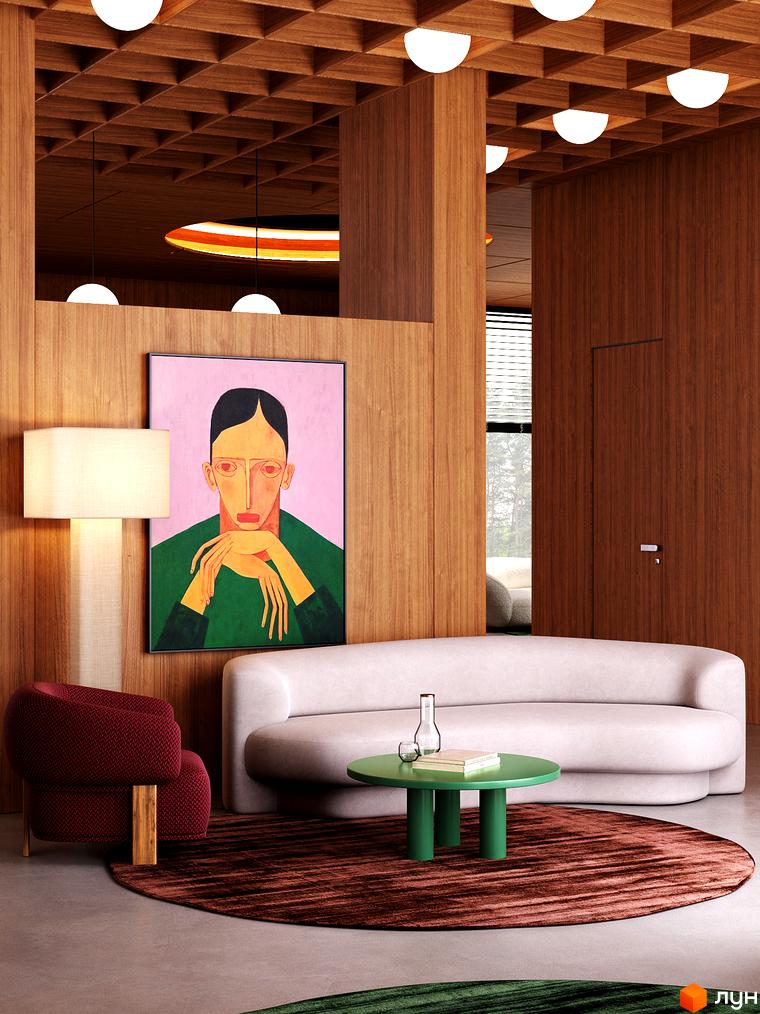 Інтер'єр апарт-готелю MELIS з диваном, кріслом, круглим столом та картиною. Сучасний дизайн з дерев'яними панелями та освітленням.