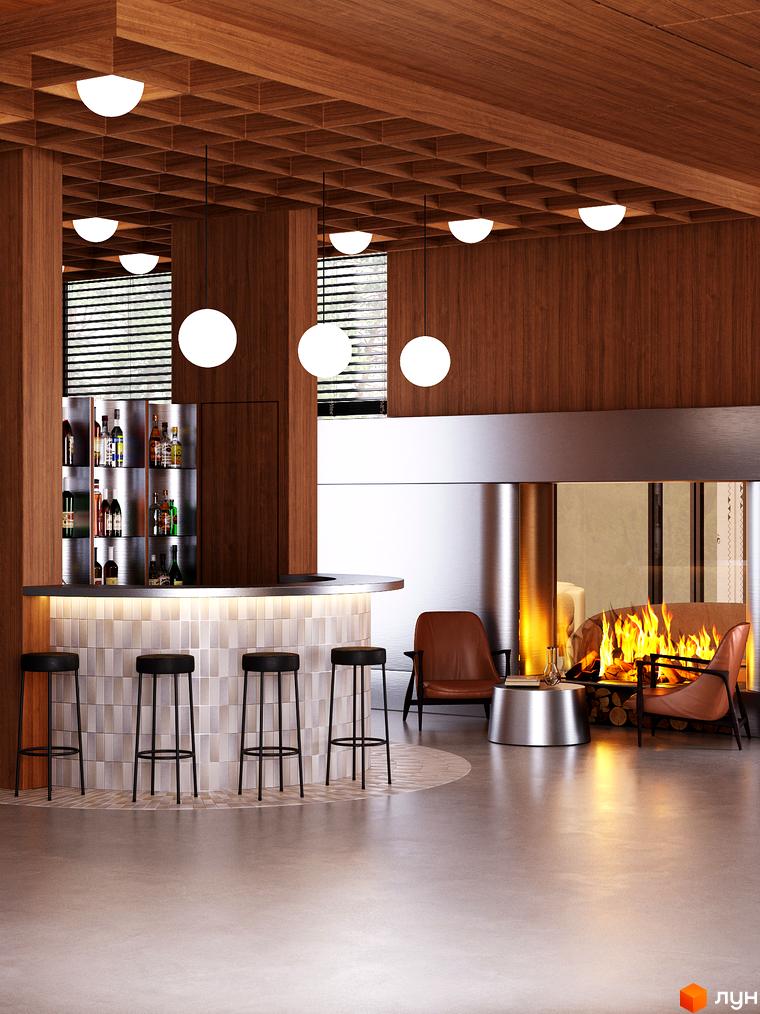 Апарт-готель MELIS: інтер'єр бару та лаунж-зони з каміном. Просувайте ваш сайт новобудов з релевантними SEO-описами.