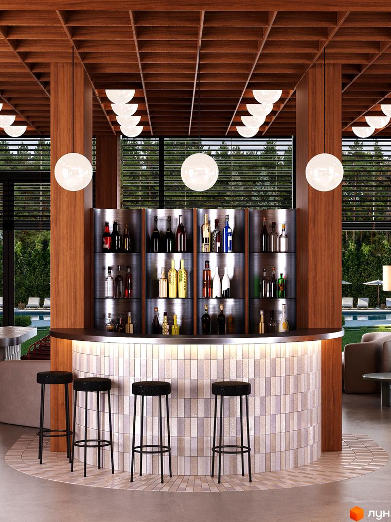 Апарт-готель MELIS: барна стійка з пляшками та стільцями на фоні басейну та зелених дерев.