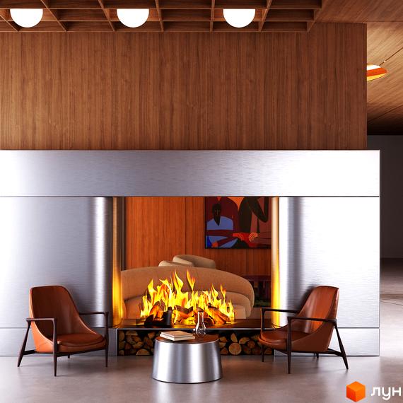 Інтер'єр апарт-готелю MELIS з каміном, шкіряними кріслами та журнальним столиком. Дизайн у коричневих та металевих тонах.