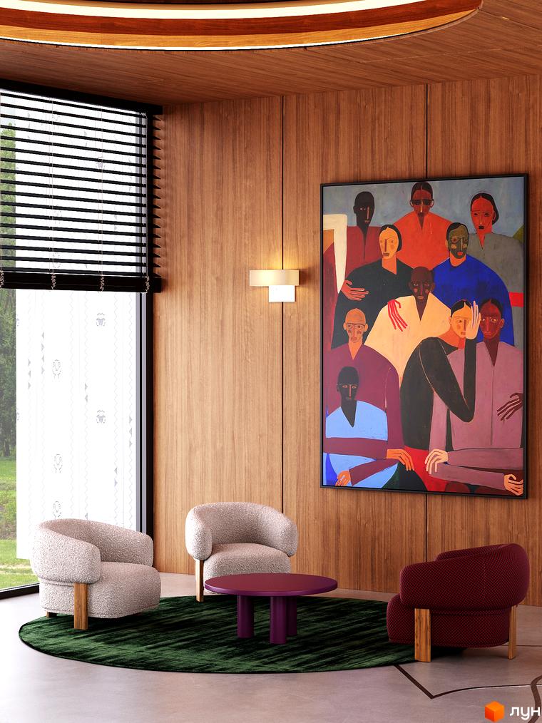 Інтер'єр апарт-готелю MELIS з картиною, кріслами та журнальним столиком. Сучасний дизайн вітальні з дерев'яними панелями та великим вікном.