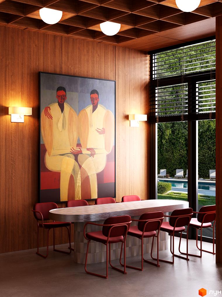 Апарт-готель MELIS: елегантна обідня зона з картиною та видом на басейн. Сучасний дизайн інтер'єру та зелена прибудинкова територія.