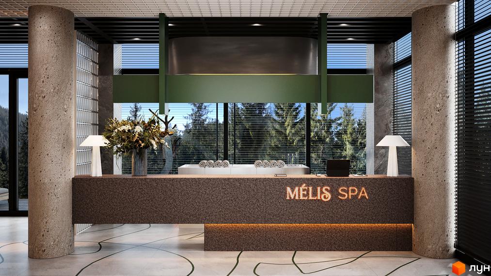 Апарт-готель MELIS: рецепція з логотипом, великі вікна з видом на ліс, сучасний дизайн інтер'єру. Просування новобудов.