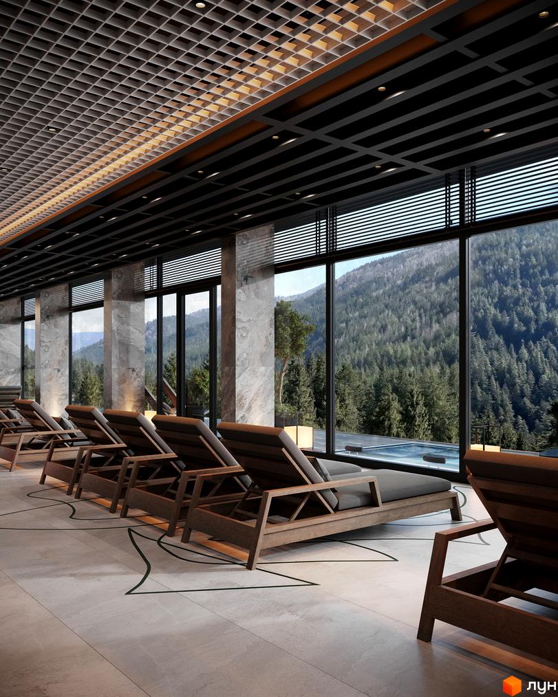 Апарт-готель MELIS: зона відпочинку з шезлонгами та басейном на тлі гірського пейзажу. Сучасний дизайн інтер'єру та панорамні вікна.