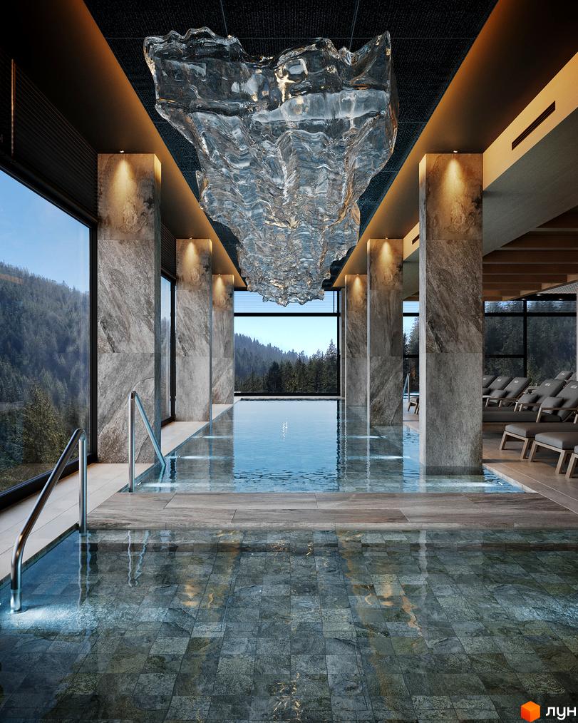 Апарт-готель MELIS: інтер'єр басейну з панорамними вікнами та видом на гори. Розкішний відпочинок у гірському комплексі.
