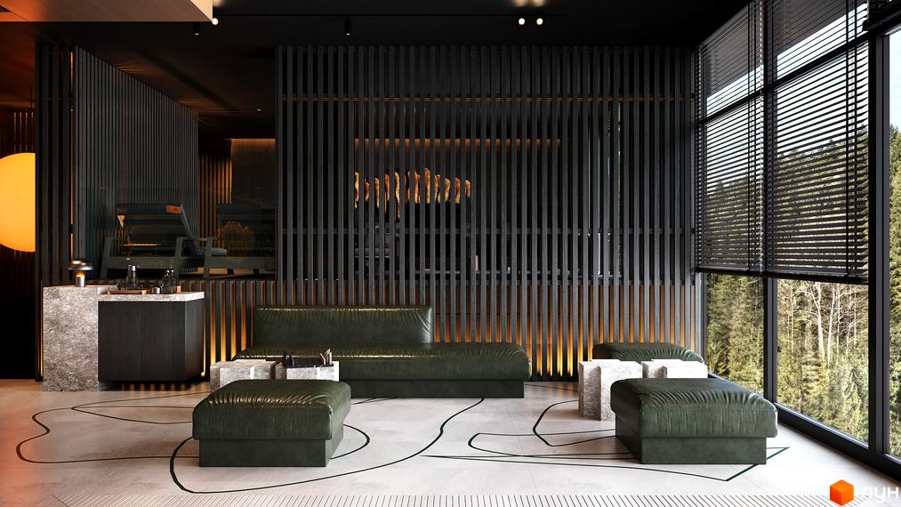 Апарт-готель MELIS: інтер'єр лаунж-зони з диваном, пуфами та панорамними вікнами з видом на ліс.