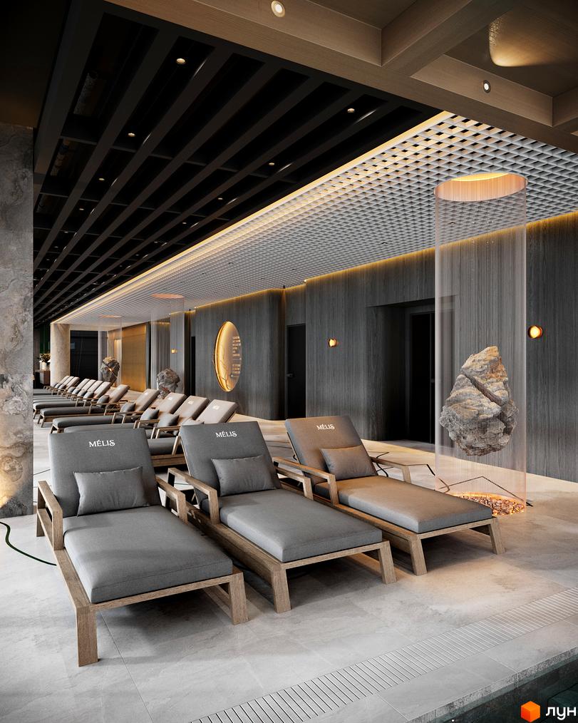 Апарт-готель MELIS: зона відпочинку з шезлонгами та водоспадом. Інтер'єр спа-зони з кам'яними елементами та дерев'яними деталями.