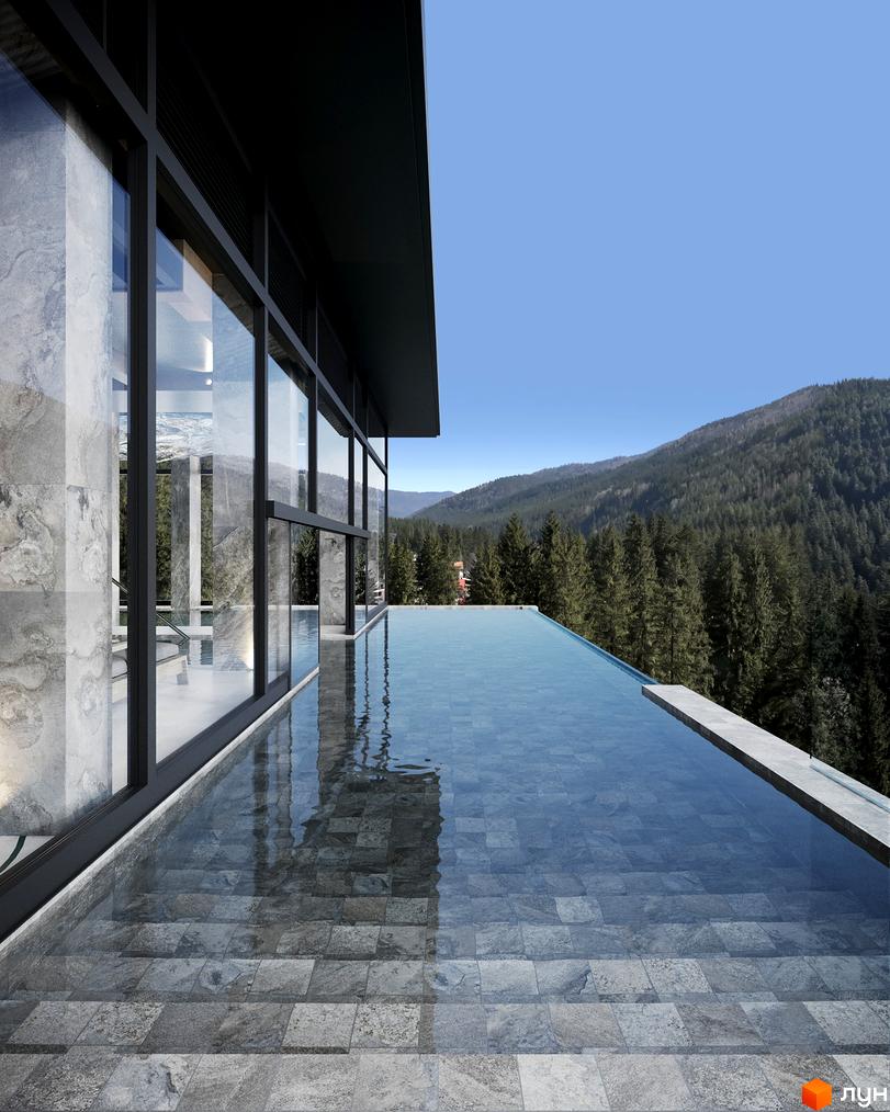 Апарт-готель MELIS з басейном-інфініті та панорамним видом на гори. Зовнішній вигляд будівлі з великими вікнами та терасою.