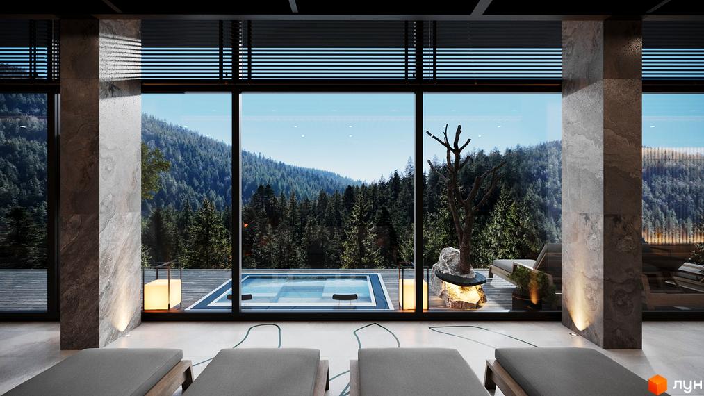 Апарт-готель MELIS з панорамними вікнами та басейном на тлі гірського лісу. Тераса з шезлонгами та декоративним деревом.