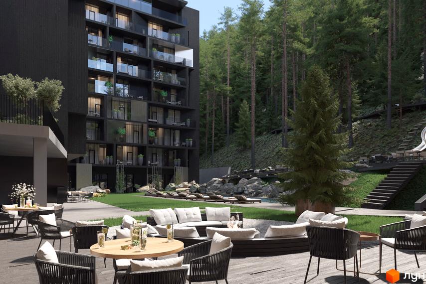 Апарт-готель MELIS з чорним фасадом та балконами, що виходять на зелену зону з місцями для відпочинку та лісовим масивом.