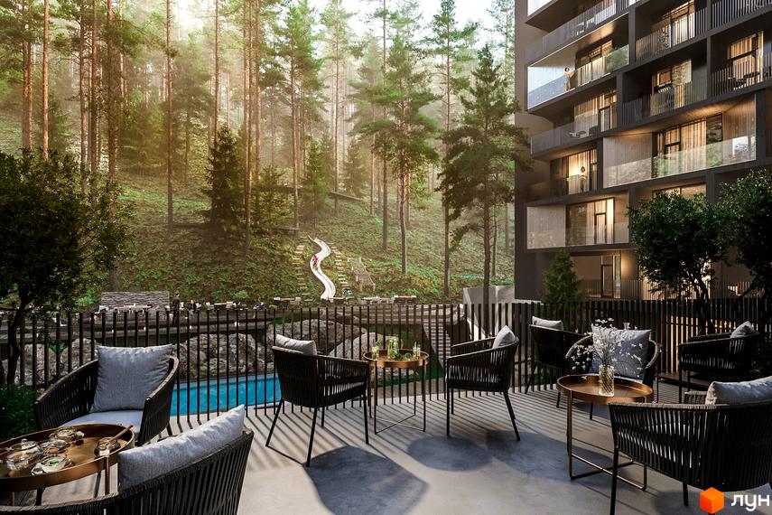 Апарт-готель MELIS з балконами та вікнами, що виходять на лісовий масив. Прибудинкова територія з басейном та зонами відпочинку.