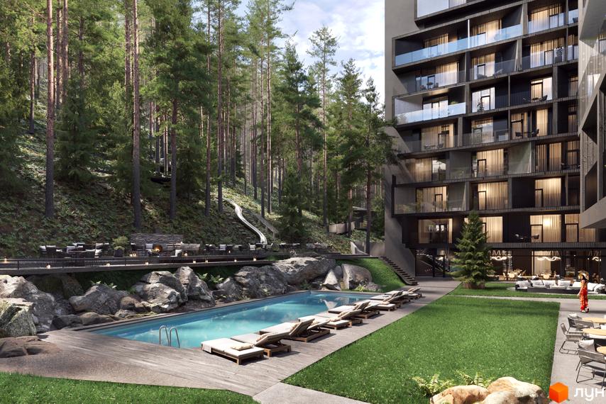 Апарт-готель MELIS з балконами та панорамними вікнами, розташований серед лісу біля басейну з шезлонгами.