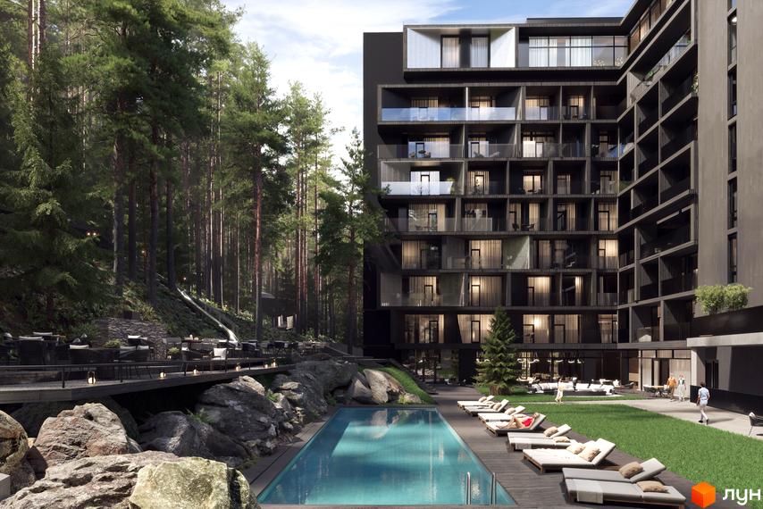 Апарт-готель MELIS з темним фасадом та скляними балконами, розташований біля соснового лісу з басейном та зоною відпочинку.