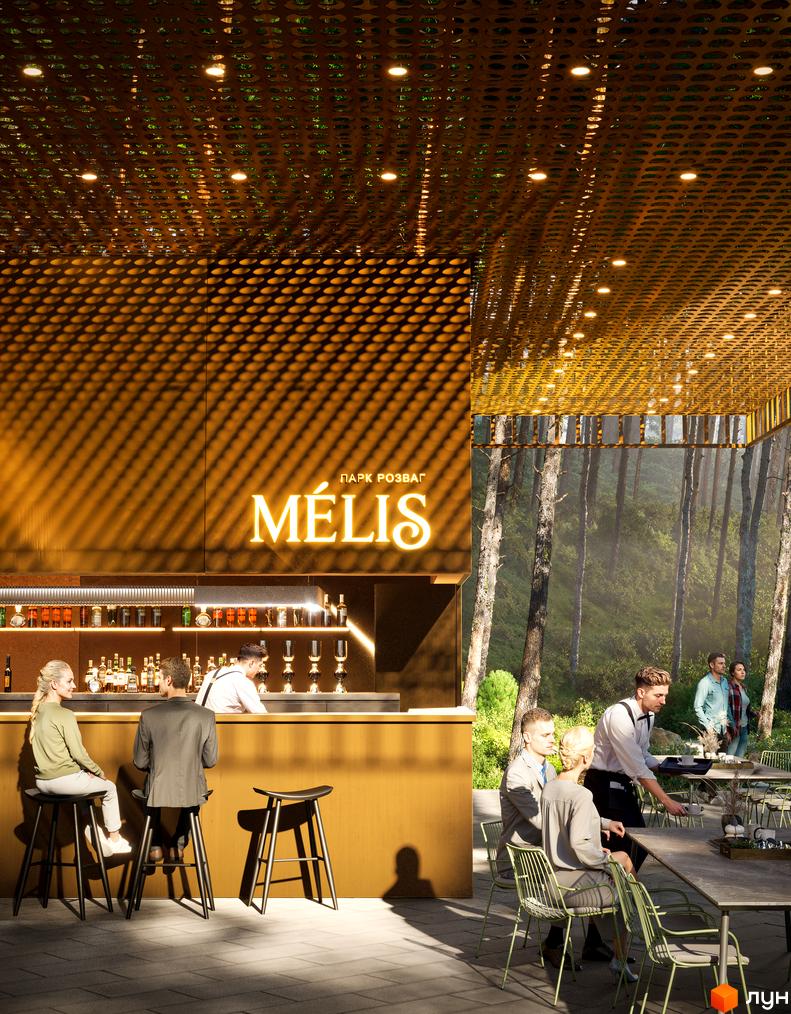 Апарт-готель MELIS: сучасний бар та зона відпочинку з видом на ліс. Відкритий простір для насолоди природою та комфортом.