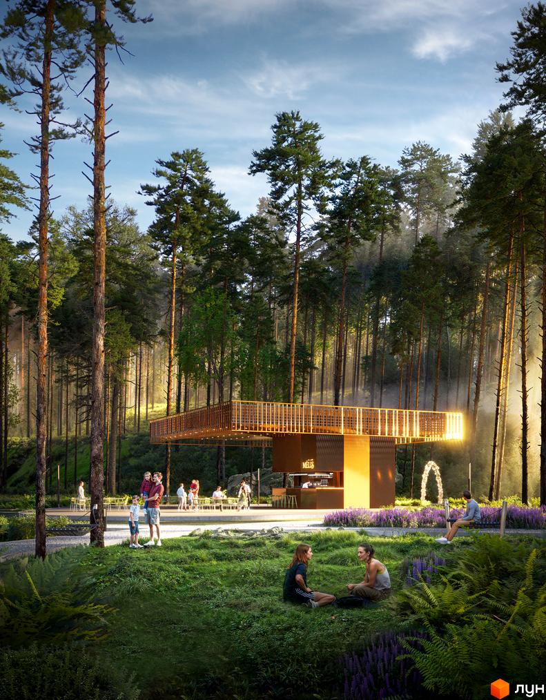 Апарт-готель MELIS у сосновому лісі з дерев'яною терасою та місцями для відпочинку на галявині. Навколо зелені насадження та лавки.