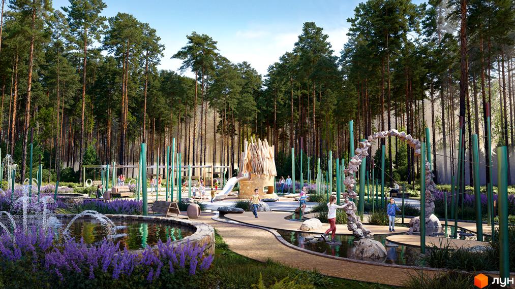 Апарт-готель MELIS: дитячий майданчик у лісі з фонтанами та зонами відпочинку. Сучасний комплекс з інфраструктурою для дітей та дорослих.