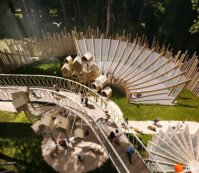 Апарт-готель MELIS - це унікальний проєкт з дерев'яними конструкціями та зеленими зонами. На зображенні видно місток, що веде до будівель, оточених природою.