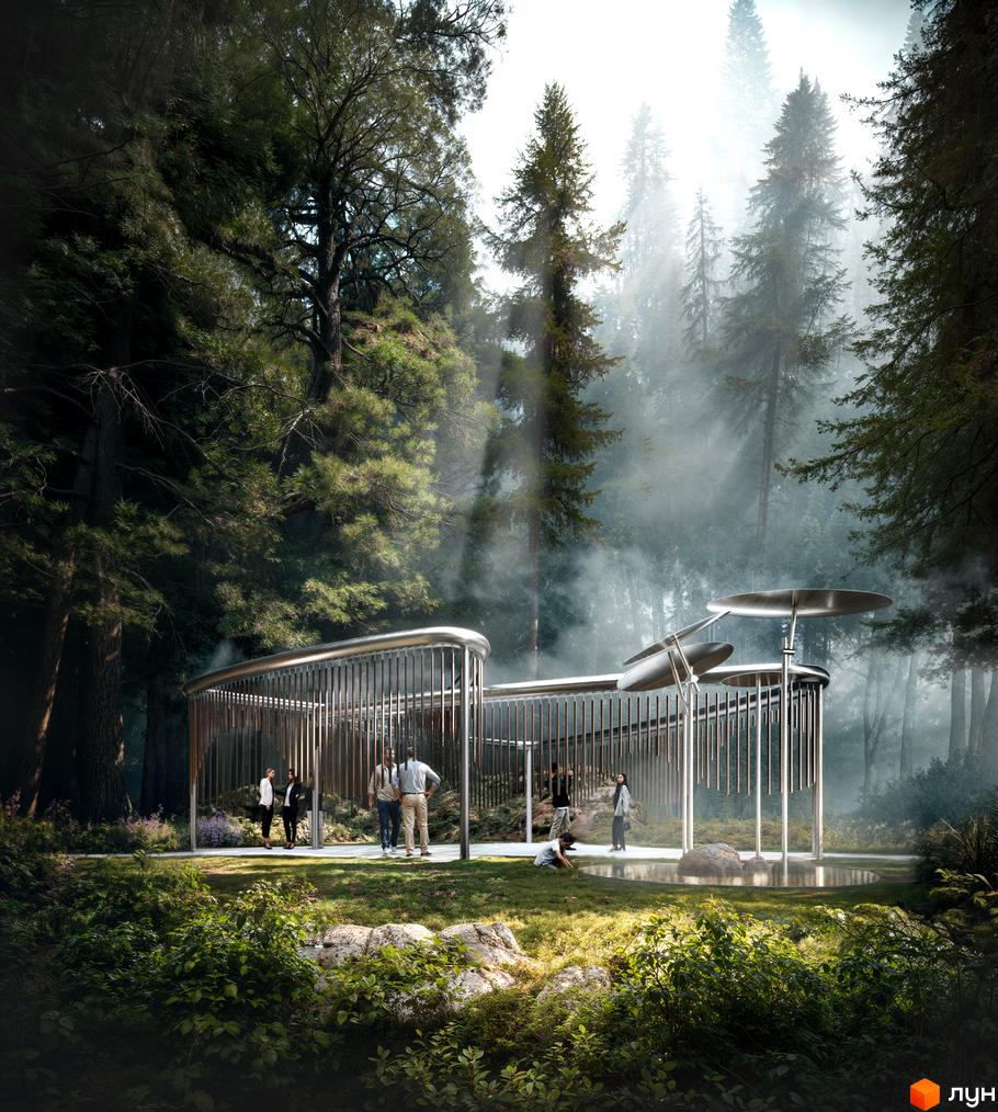 Апарт-готель MELIS у лісовій місцевості з футуристичною архітектурою та зоною відпочинку біля води. Навколо зелені насадження та дерева.