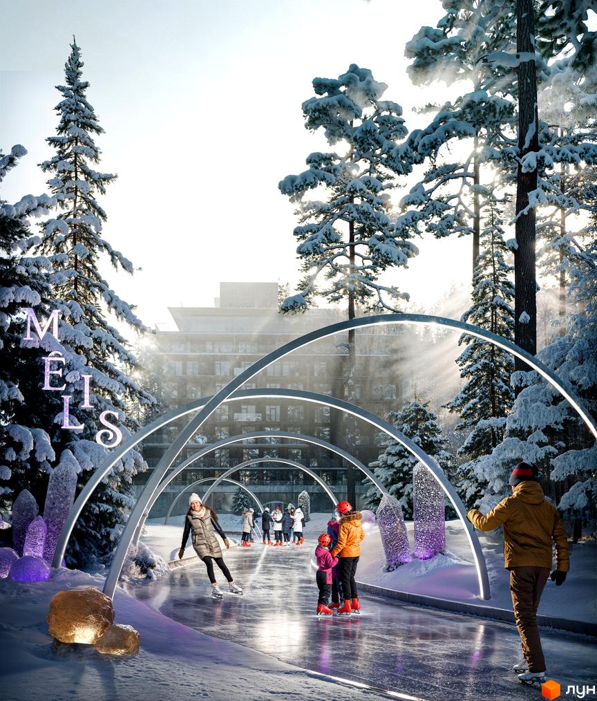 Апарт-готель MELIS: зимовий ковзанярський майданчик біля будинку з арками та ялинками.
