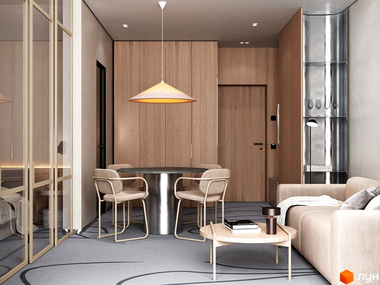 Інтер'єр апарт-готелю MELIS з обідньою зоною, диваном та шафами з дерева. Відображення спальні через скляну перегородку.