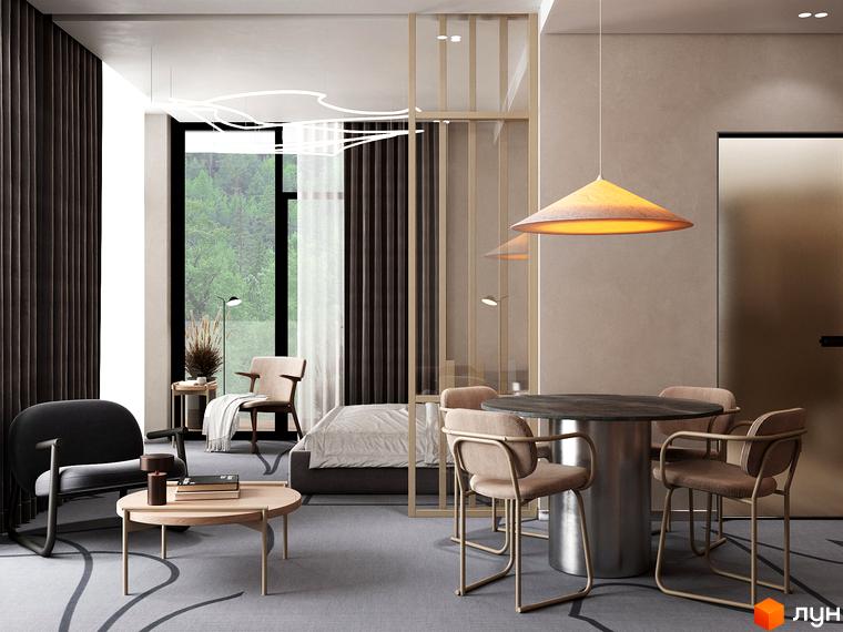 Апарт-готель MELIS: стильний інтер'єр спальні-студії з обідньою зоною та видом на зелений ліс.