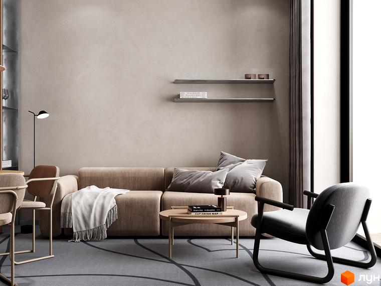 Інтер'єр вітальні в апарт-готелі MELIS з бежевим диваном, кріслом та журнальним столиком. Дизайн новобудови MELIS.